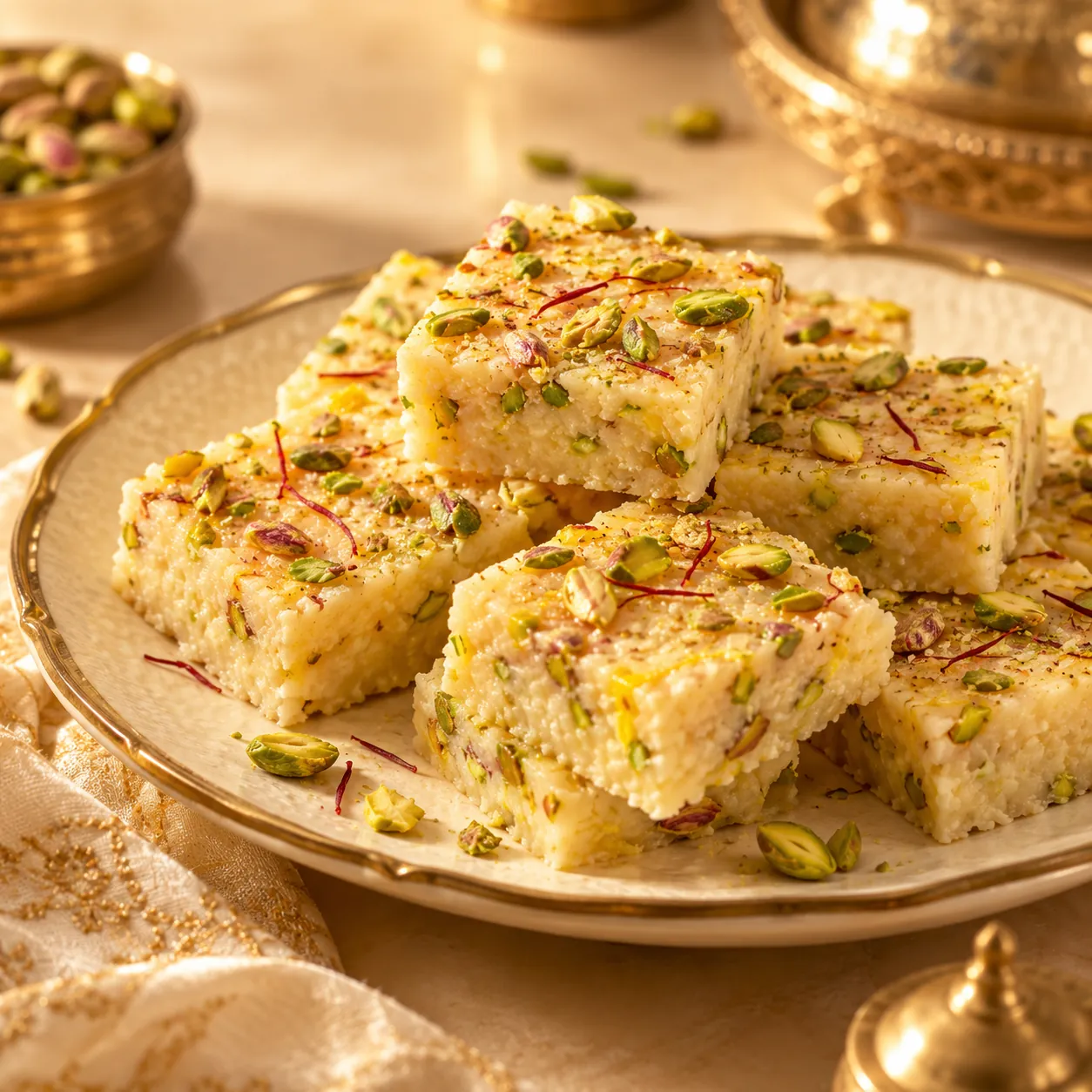 Freshly made kesar pista khoya barfi